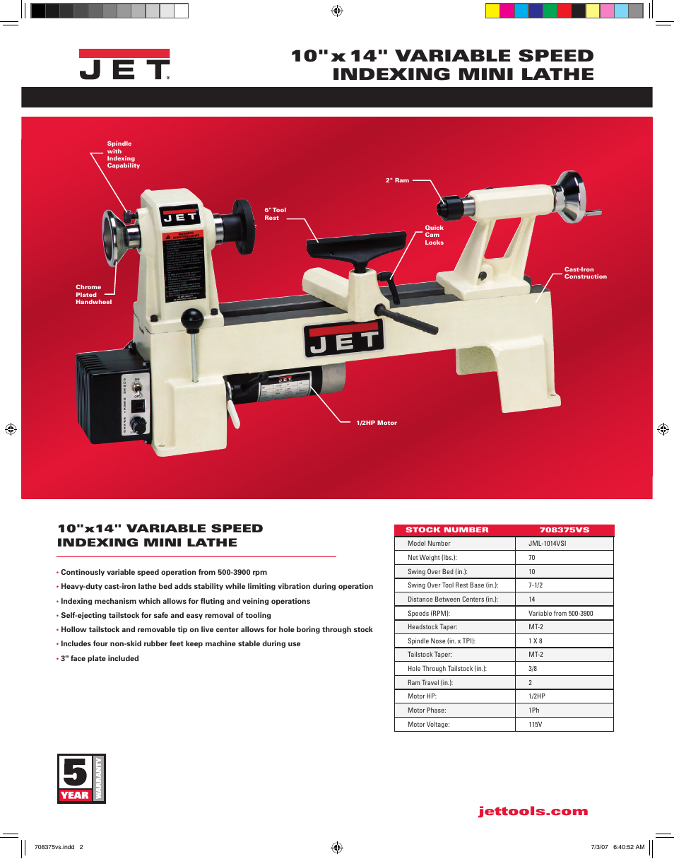 10"x 14" variable speed indexing mini lathe, 10"x14" variable speed indexing mini lathe | Jet Tools JML-1014VSI User Manual | Page 2 / 2