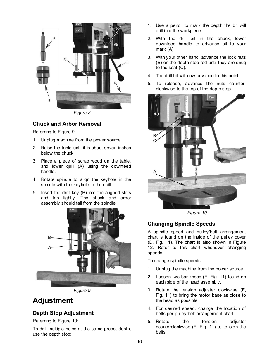 Chuck and arbor removal, Adjustment, Depth stop adjustment | Changing spindle speeds | Jet Tools Jet Drill Press JDP-15M/MF User Manual | Page 10 / 24