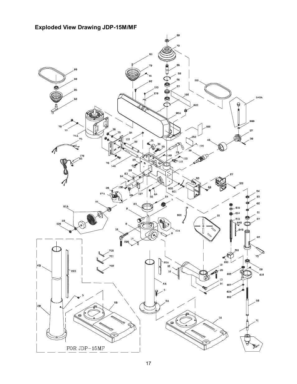 Exploded view drawing | Jet Tools Jet Drill Press JDP-15M/MF User Manual | Page 17 / 24