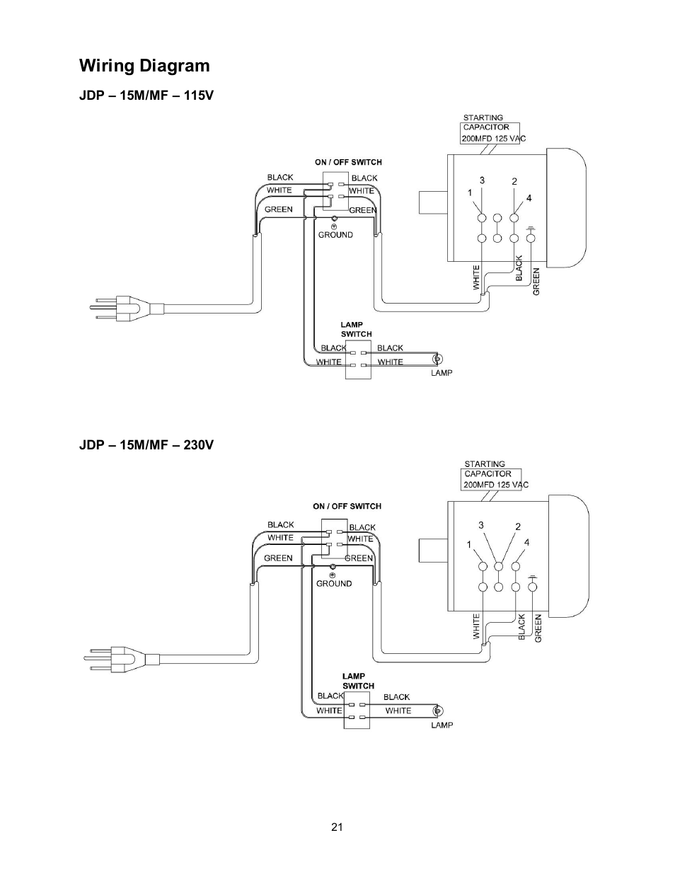 Wiring diagram | Jet Tools Jet Drill Press JDP-15M/MF User Manual | Page 21 / 24