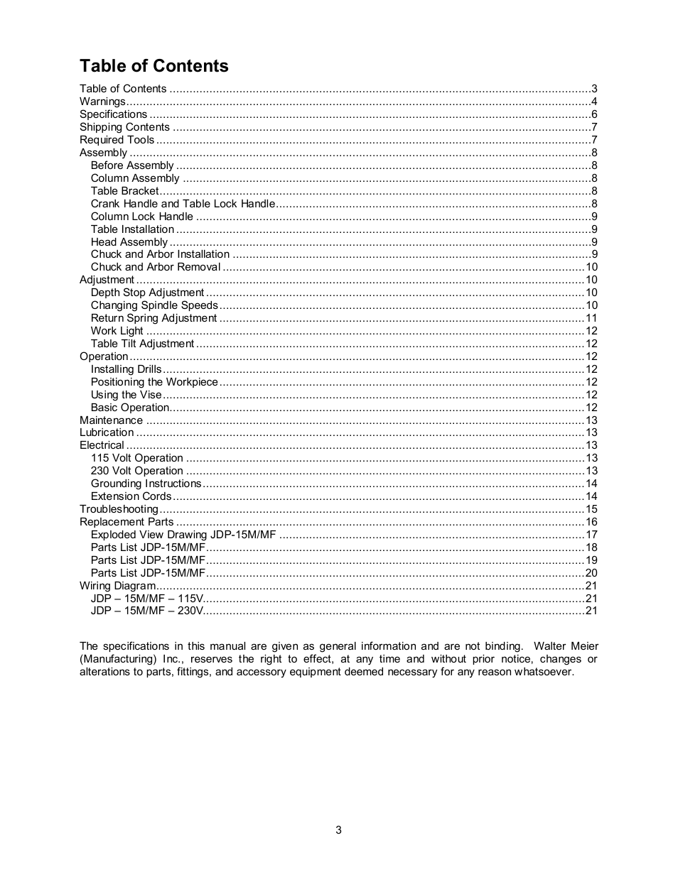 Jet Tools Jet Drill Press JDP-15M/MF User Manual | Page 3 / 24