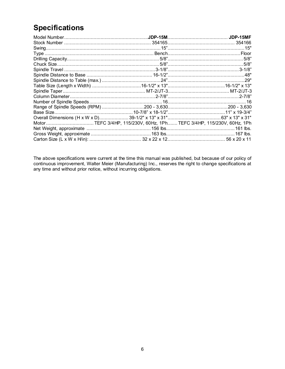 Specifications | Jet Tools Jet Drill Press JDP-15M/MF User Manual | Page 6 / 24