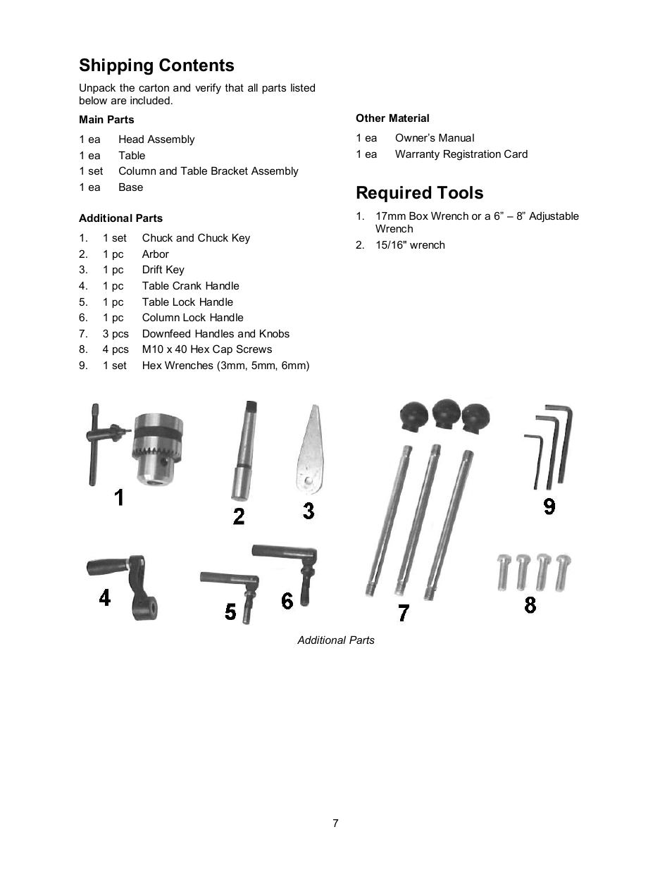 Shipping contents, Required tools | Jet Tools Jet Drill Press JDP-15M/MF User Manual | Page 7 / 24