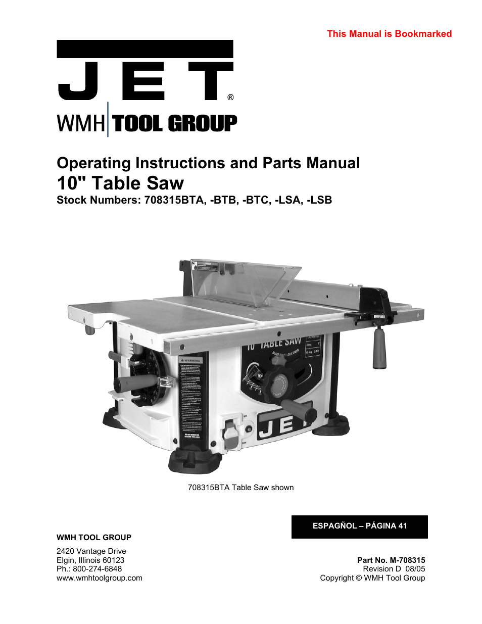 Jet Tools 708315BTA User Manual | 84 pages