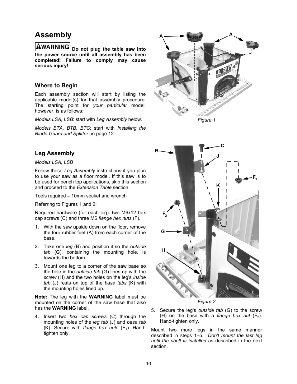 Assembly, Where to begin, Leg assembly | Jet Tools 708315BTA User Manual | Page 10 / 84