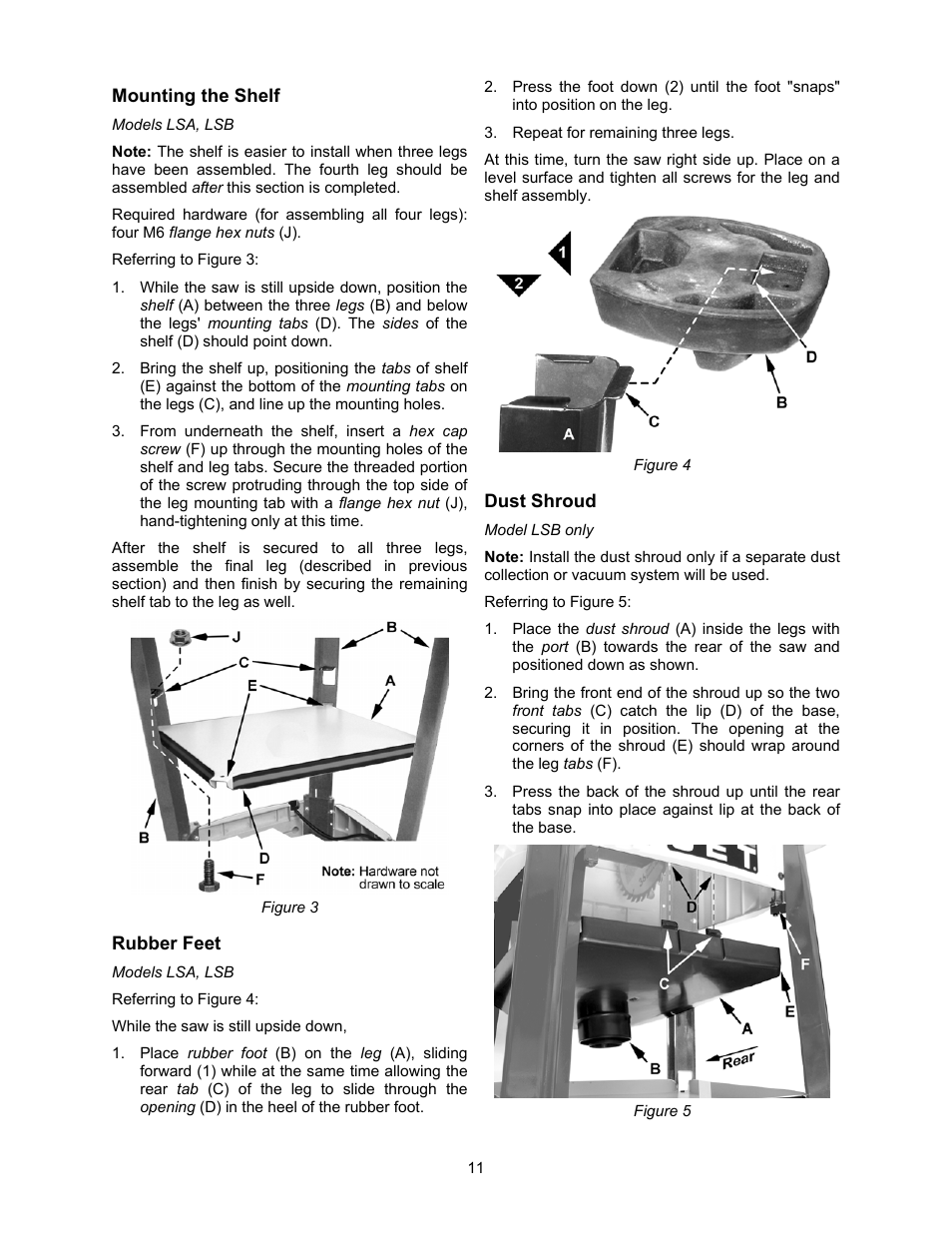 Mounting the shelf, Rubber feet, Dust shroud | Jet Tools 708315BTA User Manual | Page 11 / 84