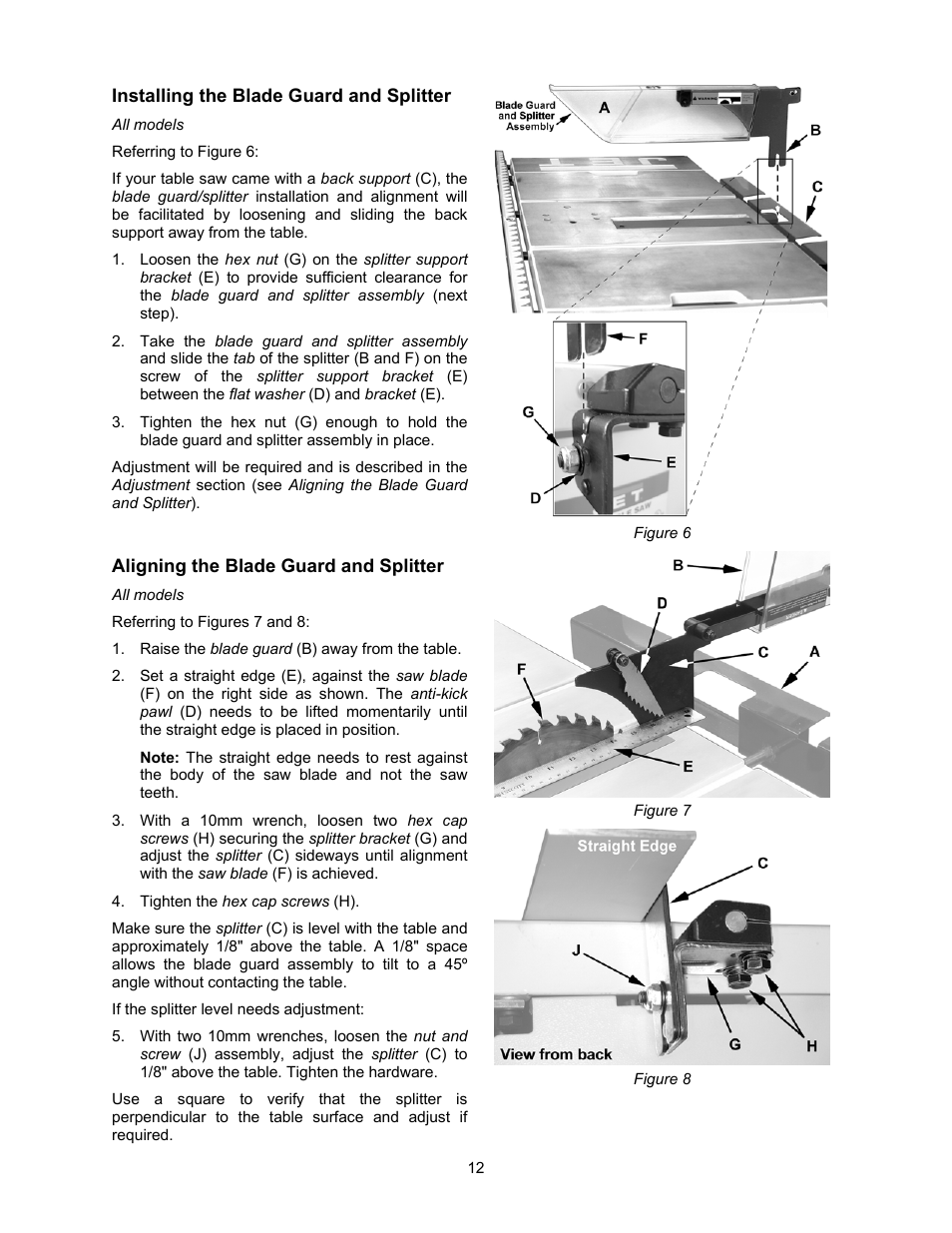 Installing the blade guard and splitter, Aligning the blade guard and splitter | Jet Tools 708315BTA User Manual | Page 12 / 84