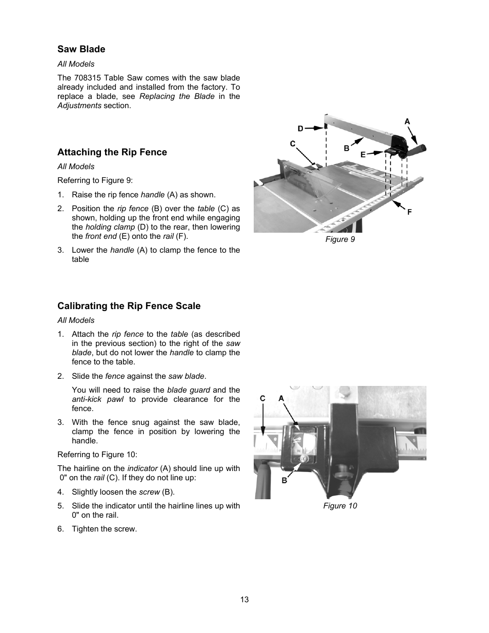 Saw blade, Attaching the rip fence, Calibrating the rip fence scale | Jet Tools 708315BTA User Manual | Page 13 / 84