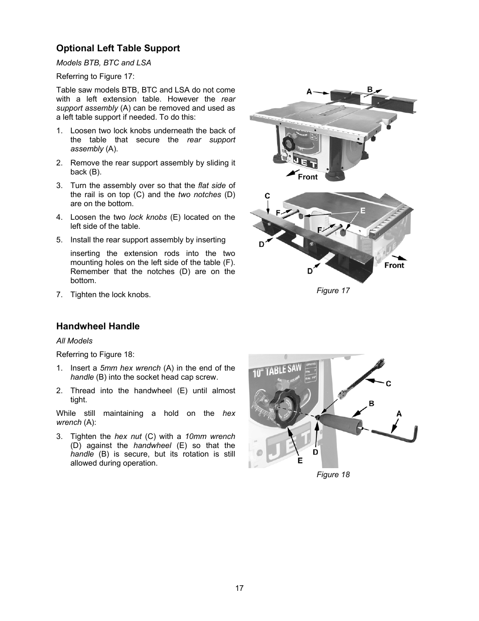 Optional left table support, Handwheel handle | Jet Tools 708315BTA User Manual | Page 17 / 84