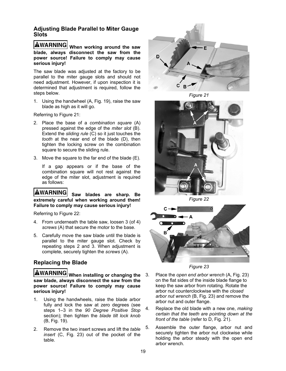 Adjusting blade parallel to miter gauge, Replacing the blade | Jet Tools 708315BTA User Manual | Page 19 / 84