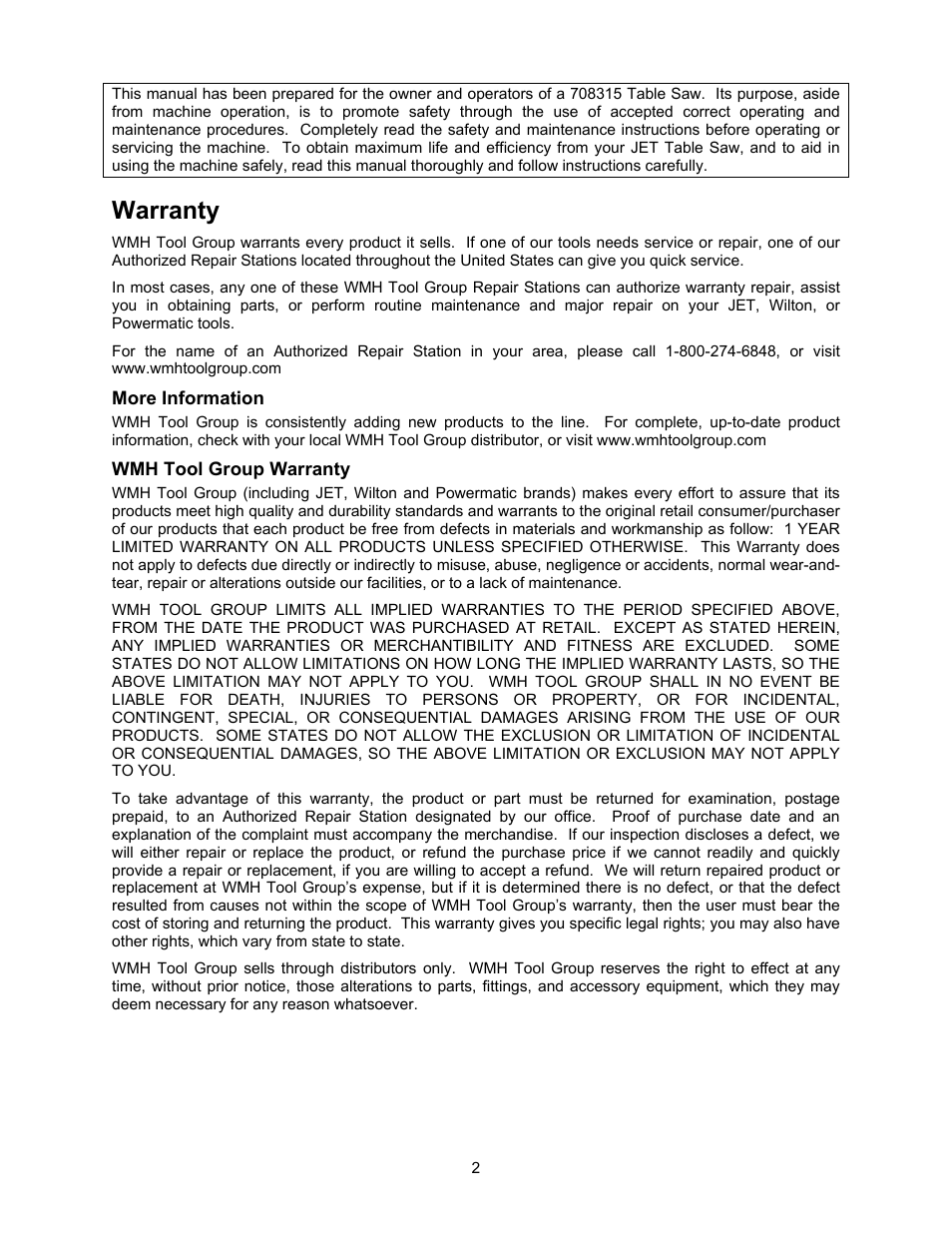 Warranty | Jet Tools 708315BTA User Manual | Page 2 / 84