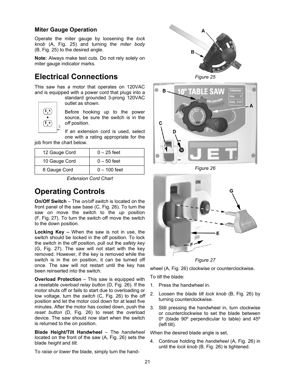 Miter gauge operation, Electrical connections, Operating controls | Jet Tools 708315BTA User Manual | Page 21 / 84