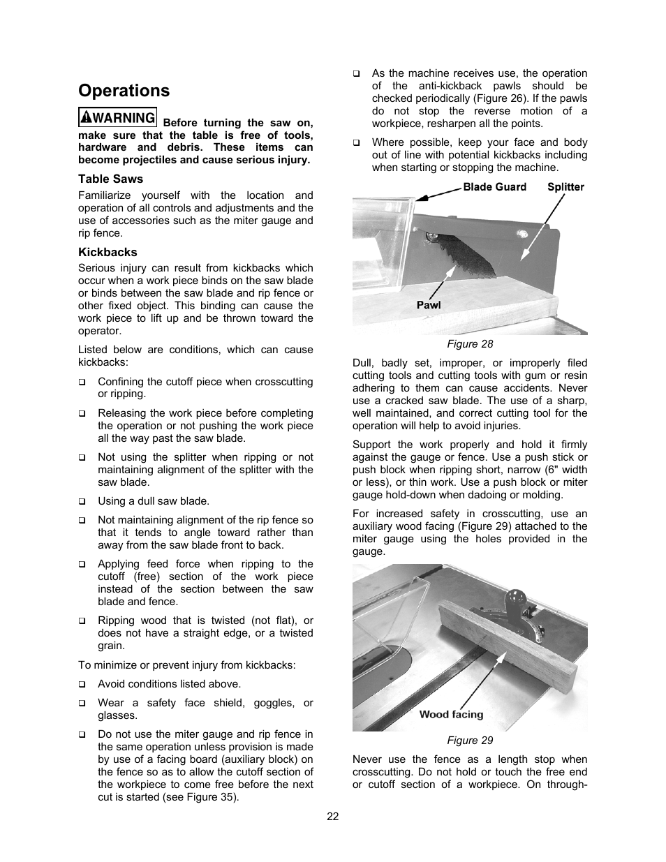 Operations, Table saws, Kickbacks | Jet Tools 708315BTA User Manual | Page 22 / 84