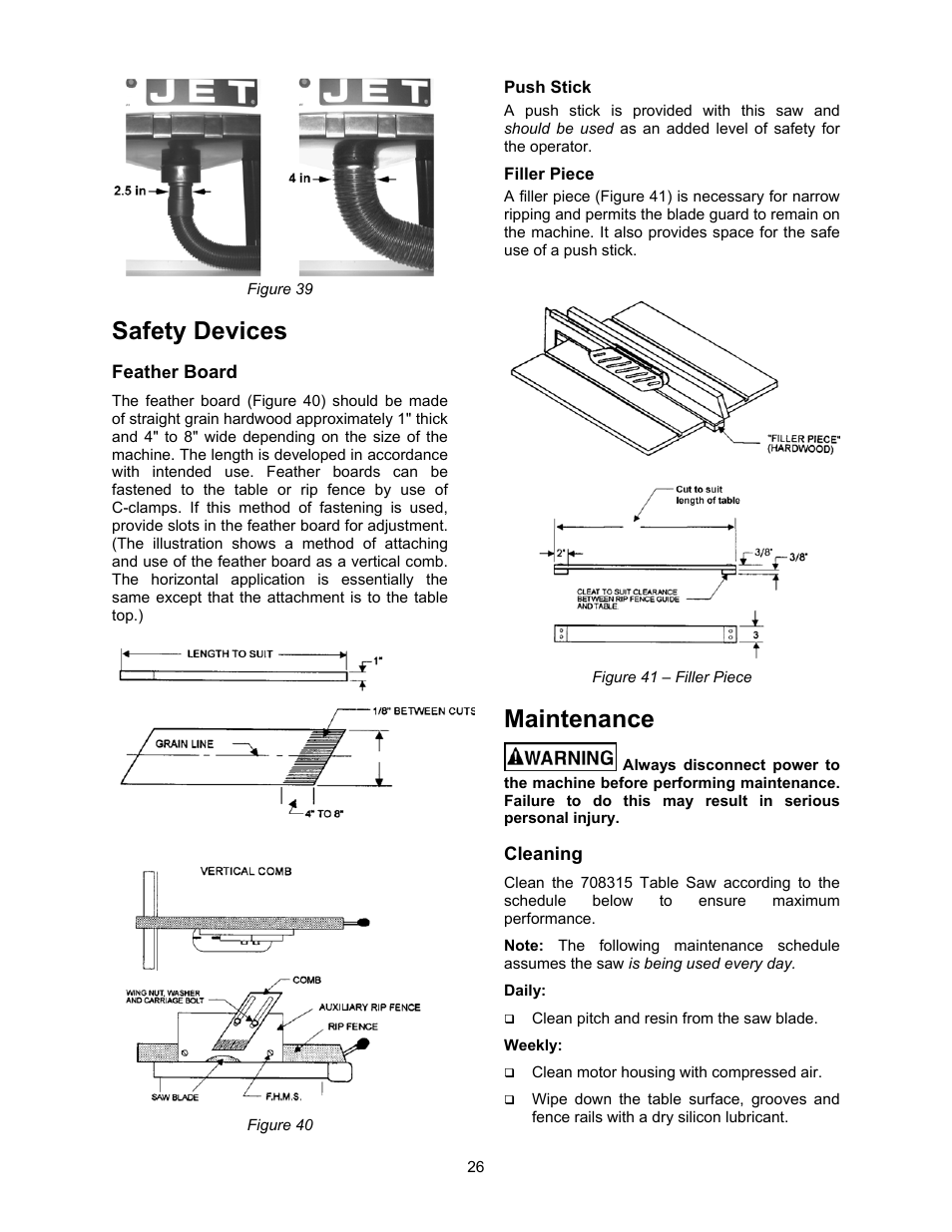 Safety devices, Feather board, Push stick | Filler piece, Maintenance, Cleaning | Jet Tools 708315BTA User Manual | Page 26 / 84