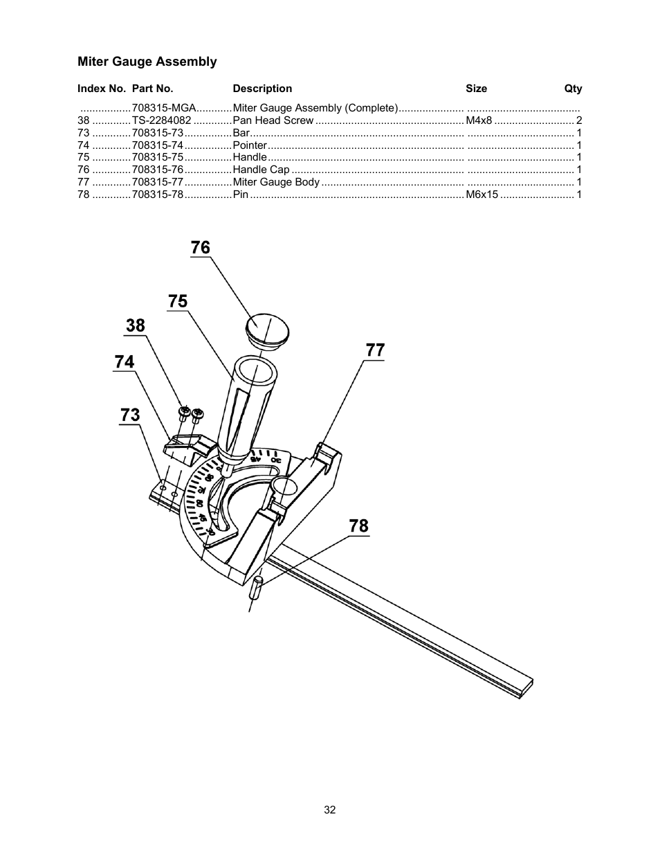 Miter gauge assembly | Jet Tools 708315BTA User Manual | Page 32 / 84