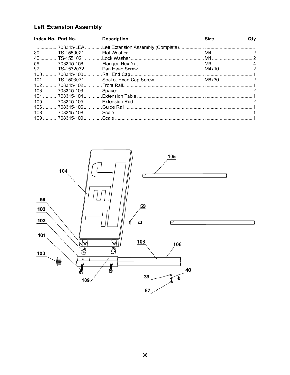 Left extension assembly | Jet Tools 708315BTA User Manual | Page 36 / 84