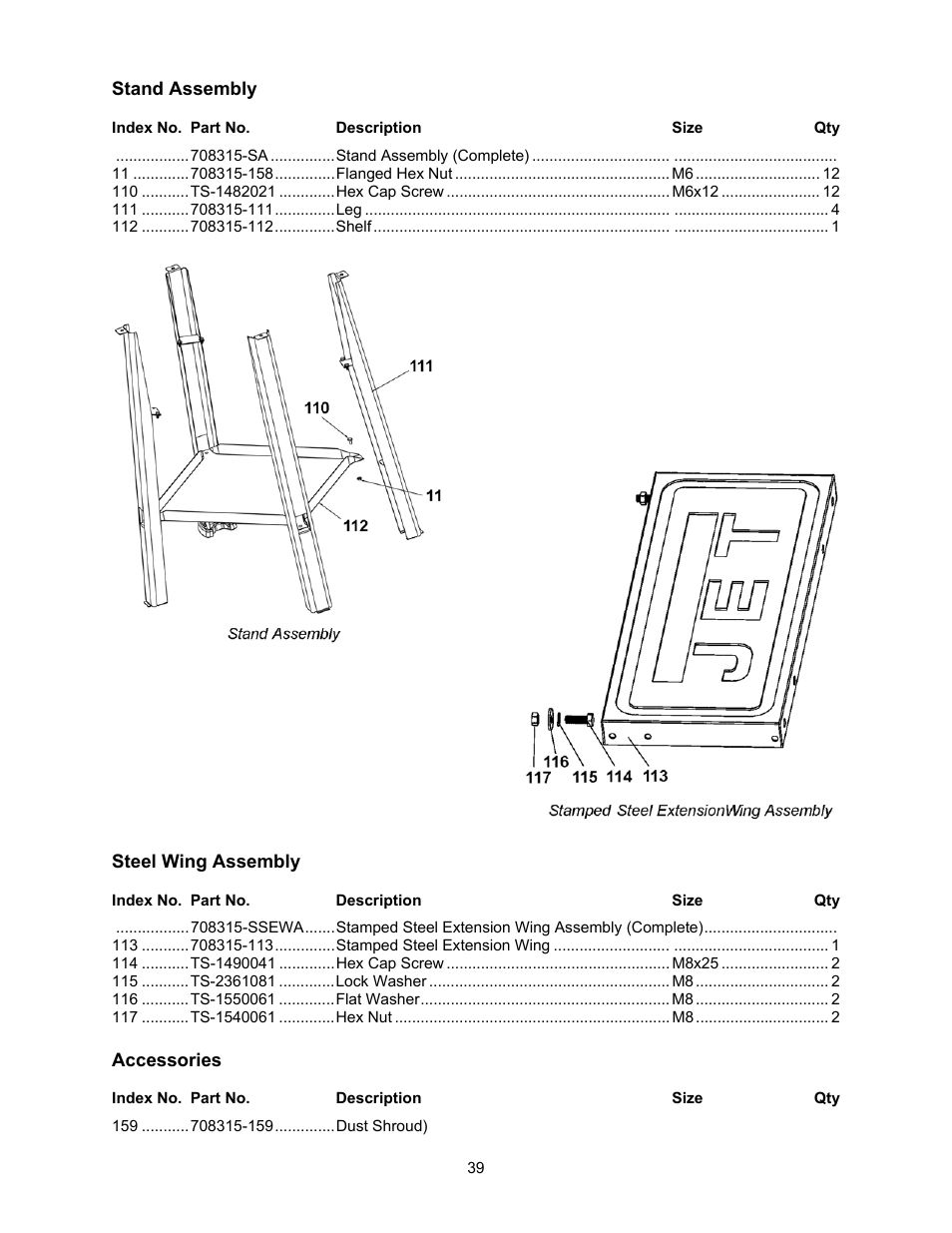 Stand assembly, Steel wing assembly, Accessories | Jet Tools 708315BTA User Manual | Page 39 / 84
