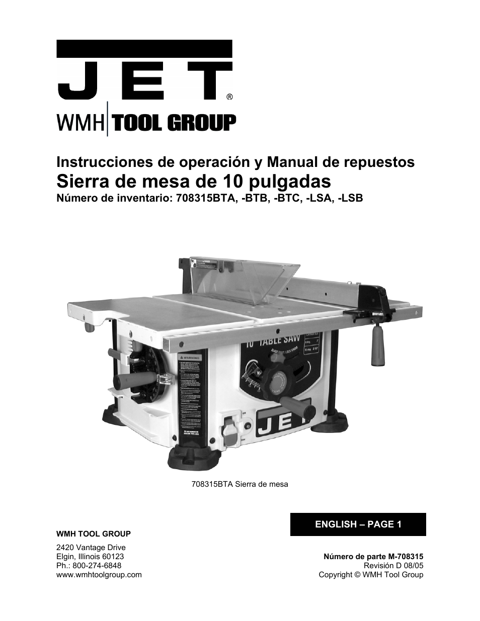 Espagnol, Sierra de mesa de 10 pulgadas, Instrucciones de operación y manual de repuestos | Jet Tools 708315BTA User Manual | Page 41 / 84
