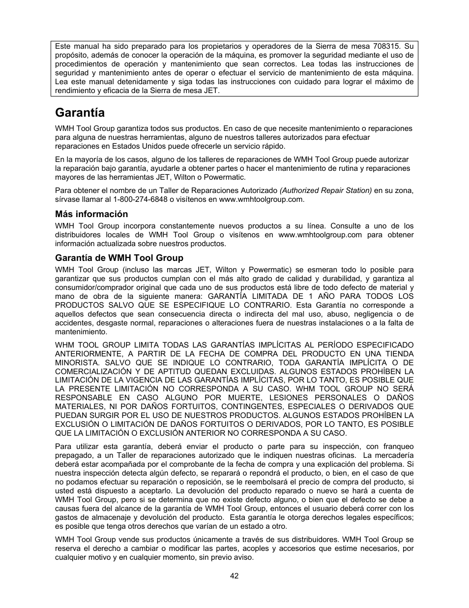 Garantía | Jet Tools 708315BTA User Manual | Page 42 / 84