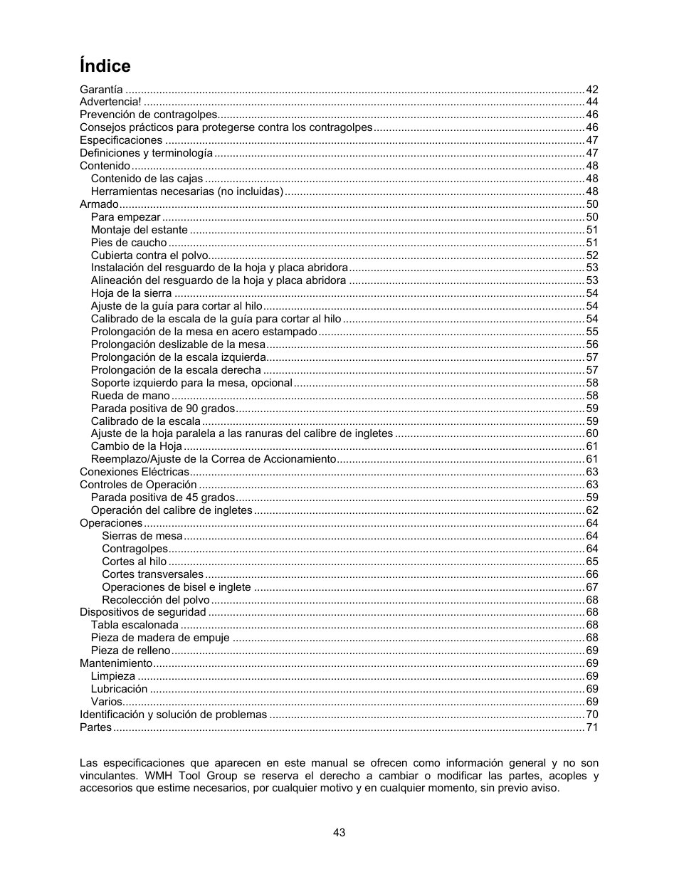 Índice | Jet Tools 708315BTA User Manual | Page 43 / 84