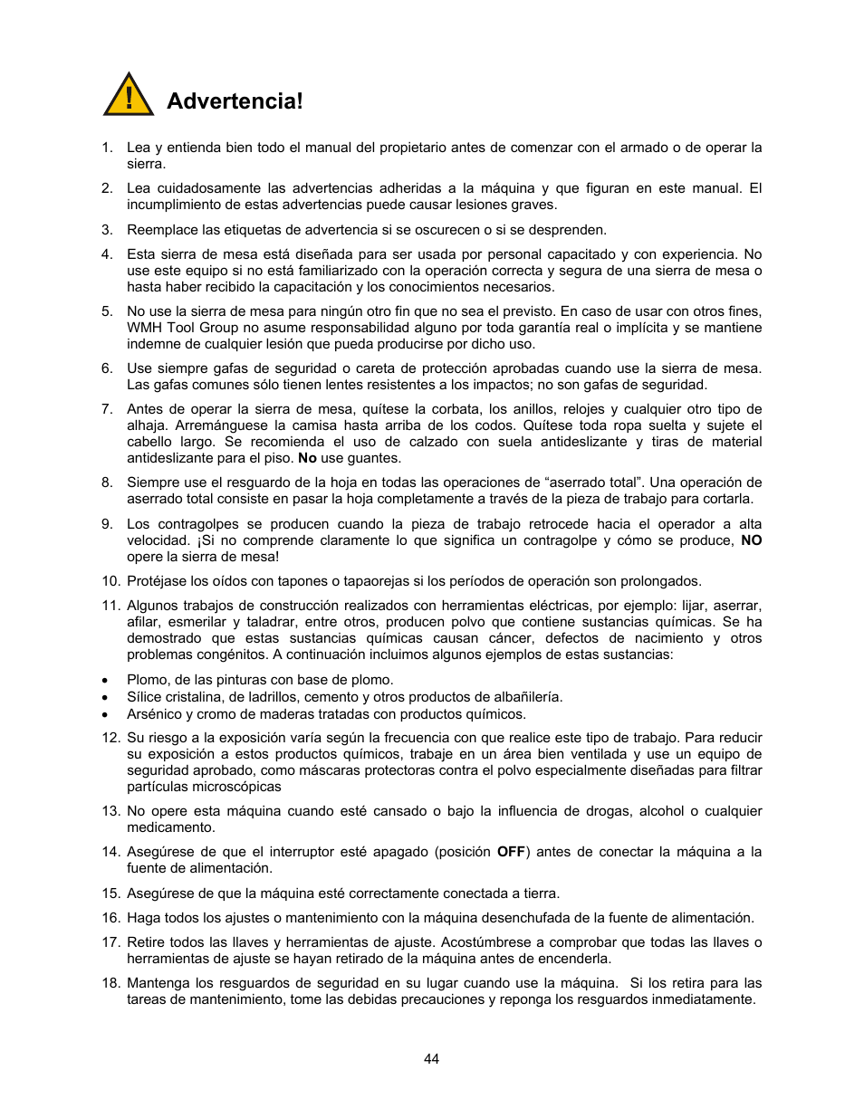 Advertencia | Jet Tools 708315BTA User Manual | Page 44 / 84