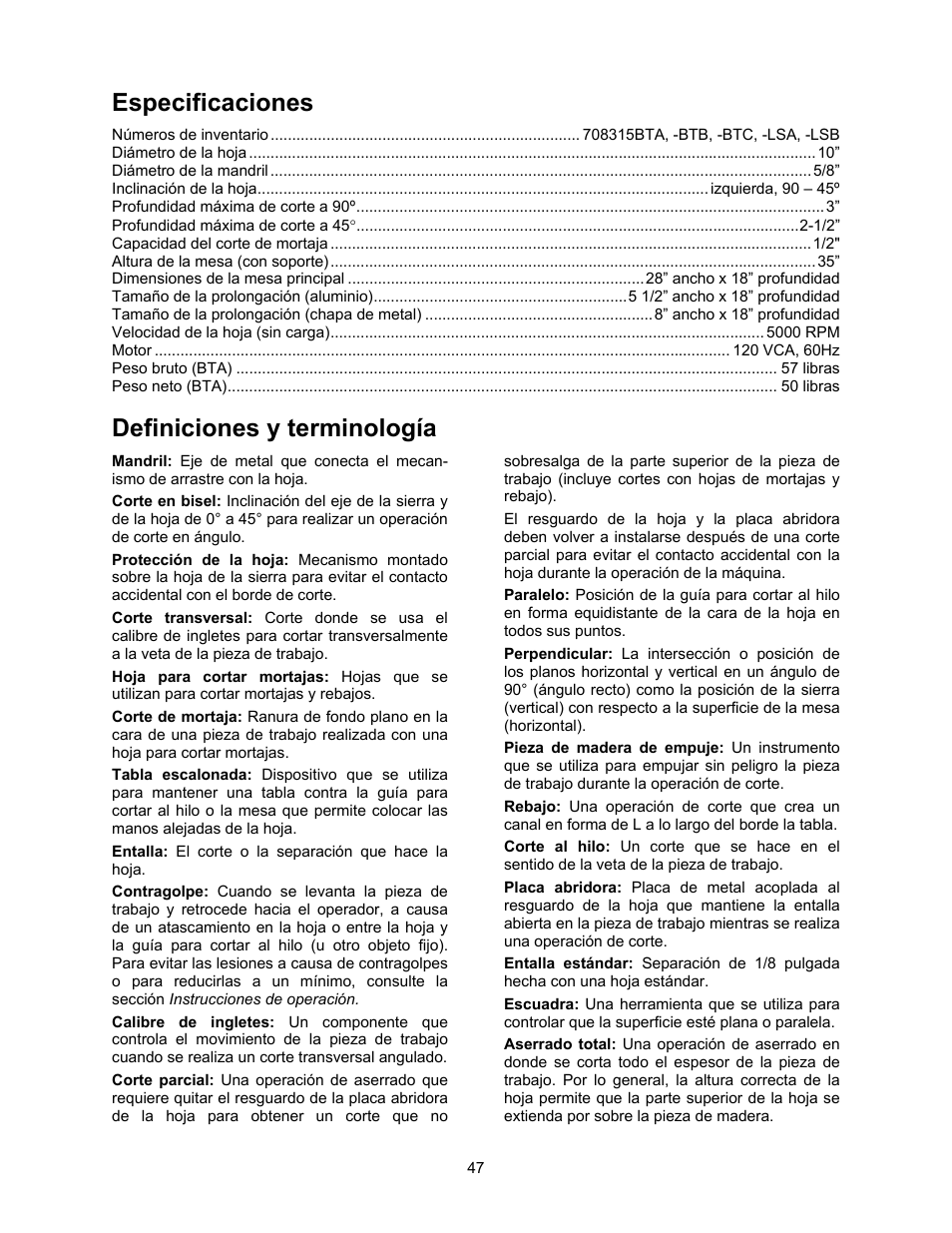 Especificaciones, Definiciones y terminología | Jet Tools 708315BTA User Manual | Page 47 / 84