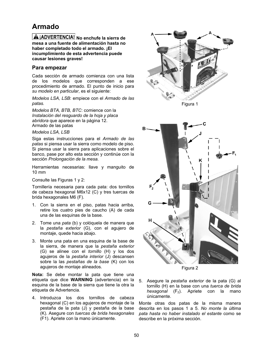Armado, Para empezar | Jet Tools 708315BTA User Manual | Page 50 / 84