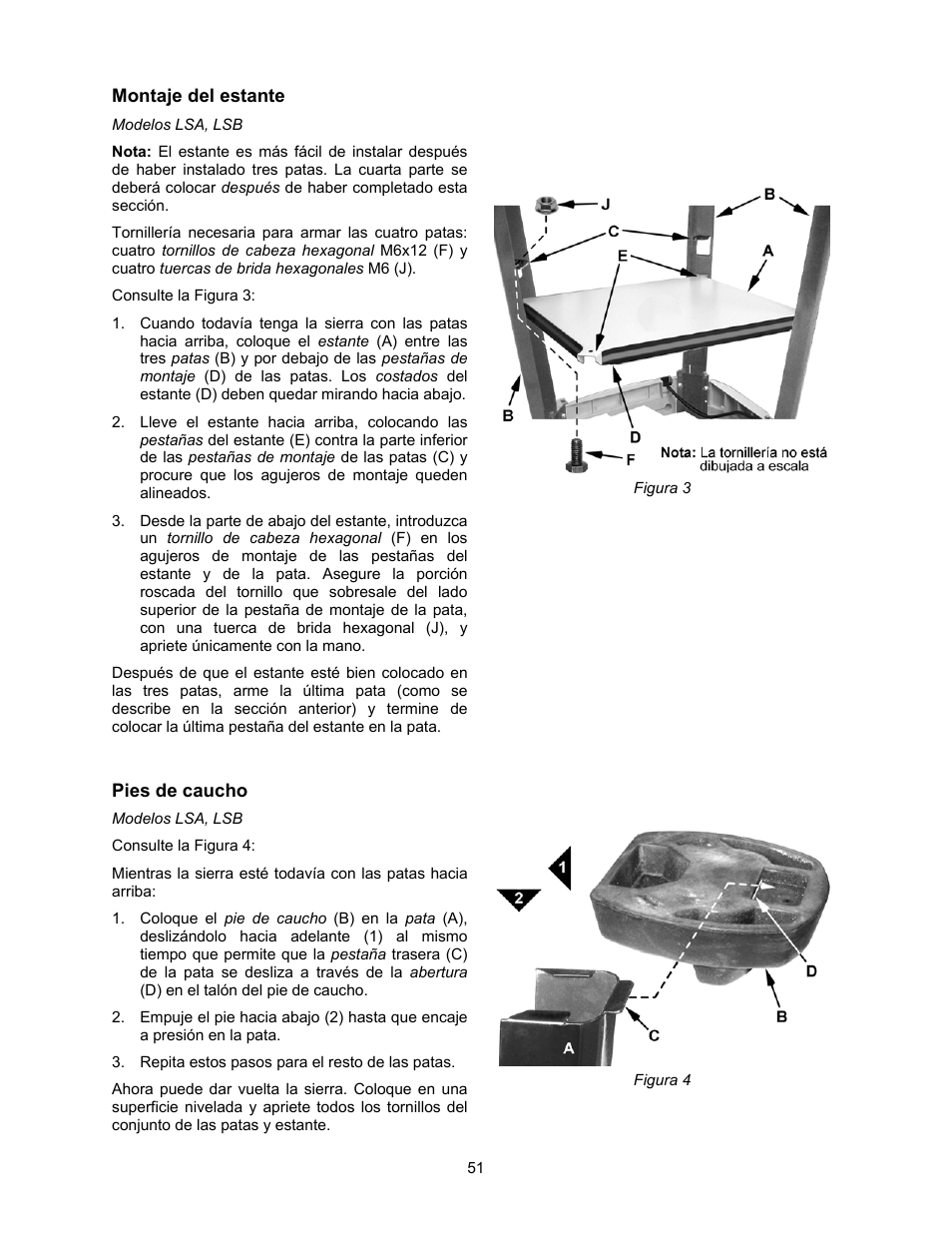 Montaje del estante, Pies de caucho | Jet Tools 708315BTA User Manual | Page 51 / 84