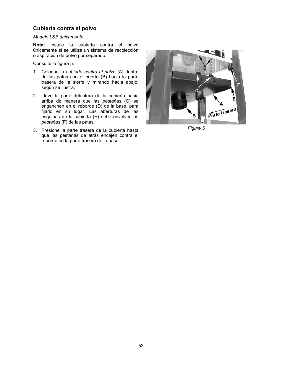 Cubierta contra el polvo | Jet Tools 708315BTA User Manual | Page 52 / 84