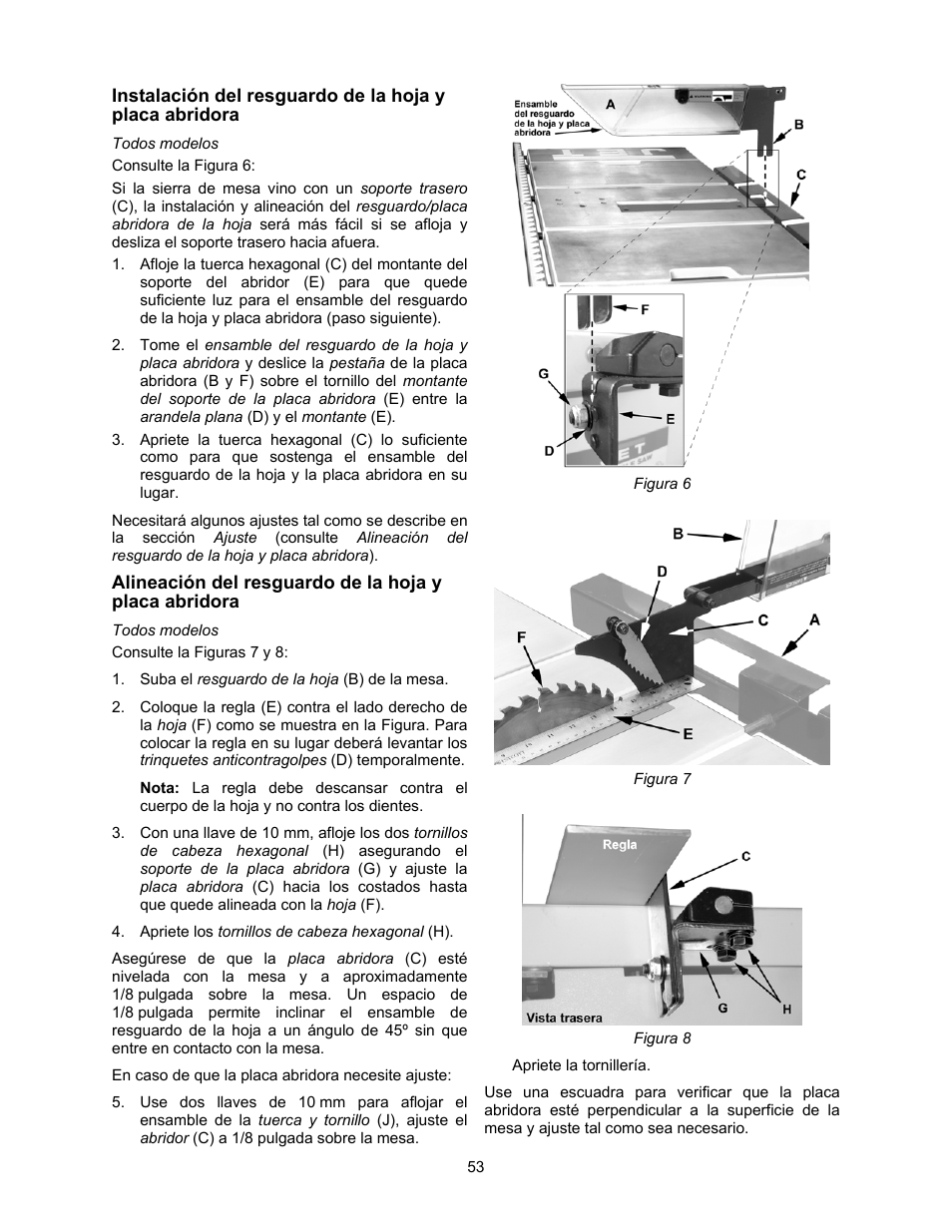 Instalación del resguardo de la hoja y, Alineación del resguardo de la hoja y | Jet Tools 708315BTA User Manual | Page 53 / 84