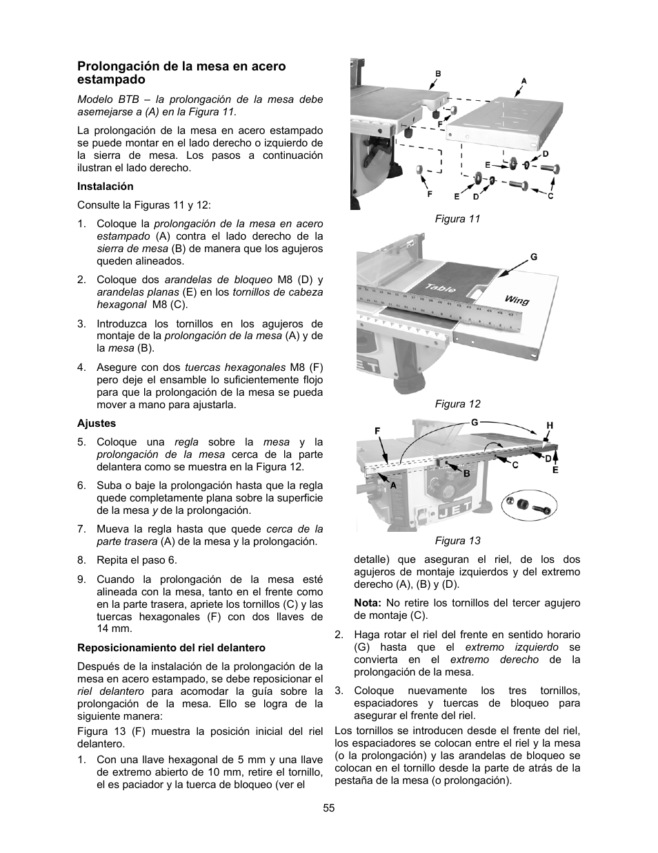 Prolongación de la mesa en acero | Jet Tools 708315BTA User Manual | Page 55 / 84