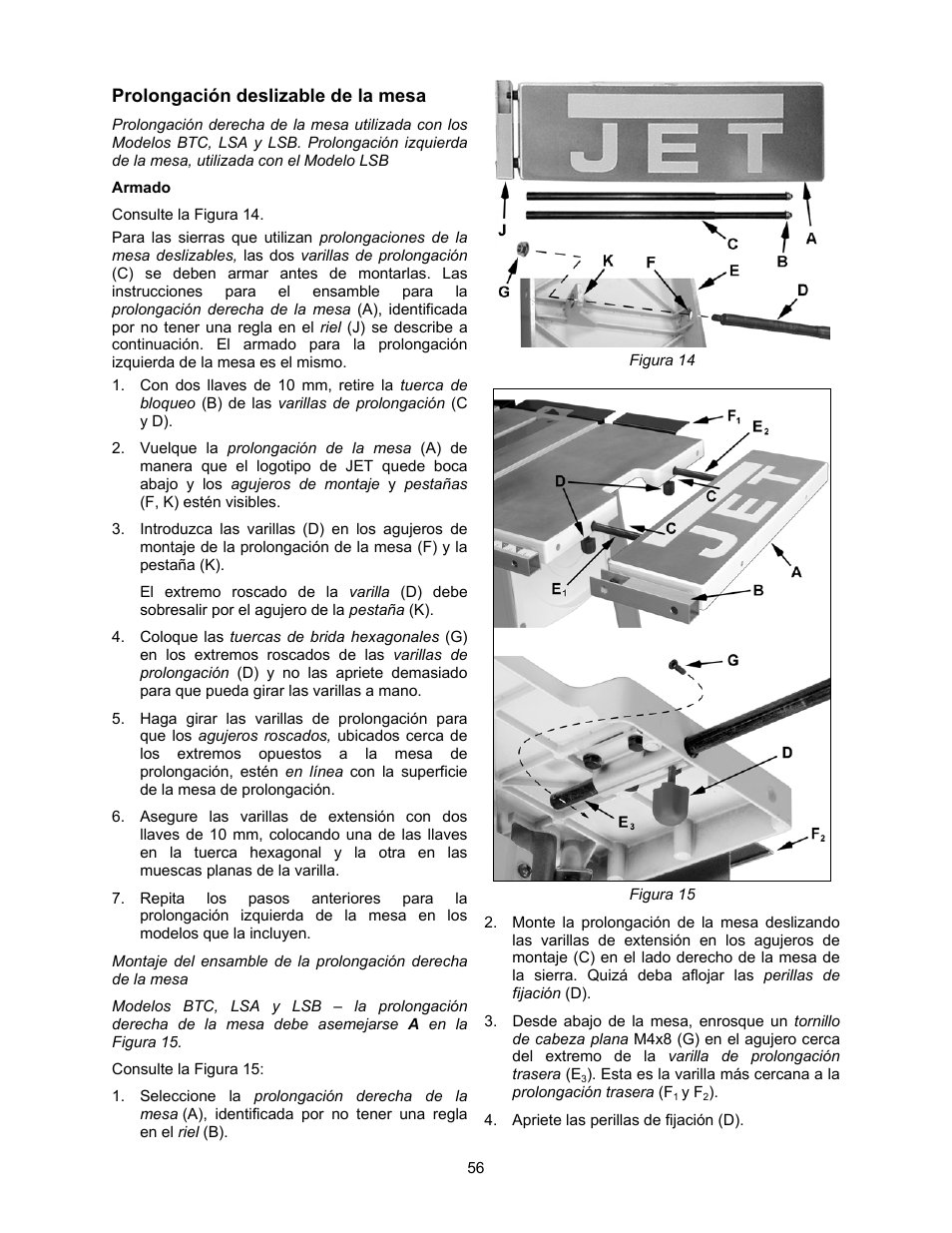 Prolongación deslizable de la mesa | Jet Tools 708315BTA User Manual | Page 56 / 84