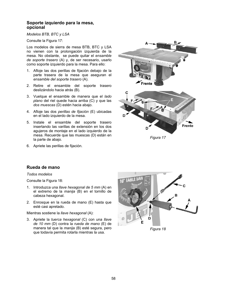 Soporte izquierdo para la mesa, Rueda de mano | Jet Tools 708315BTA User Manual | Page 58 / 84