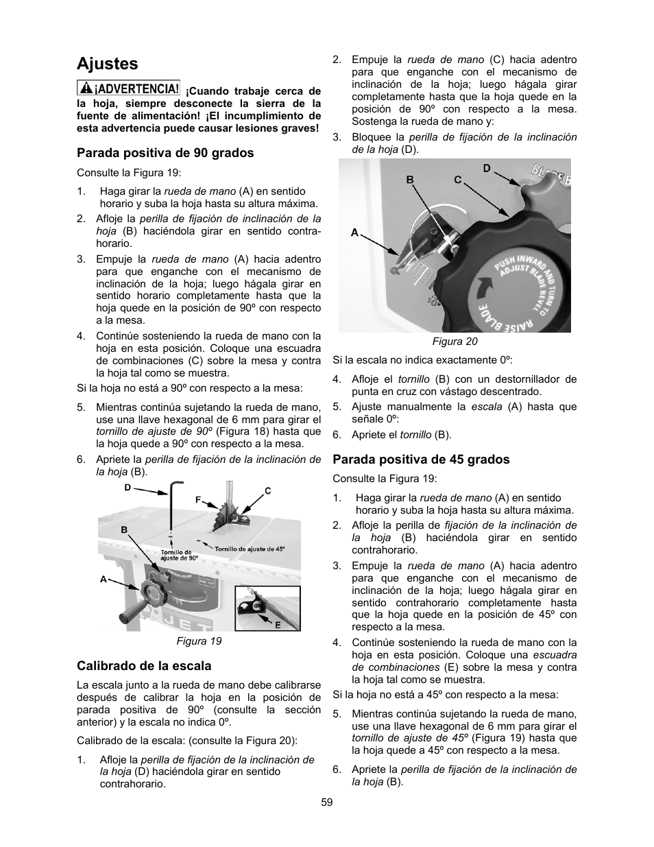 Ajustes, Calibrado de la escala, Parada positiva de 45 grados | Jet Tools 708315BTA User Manual | Page 59 / 84