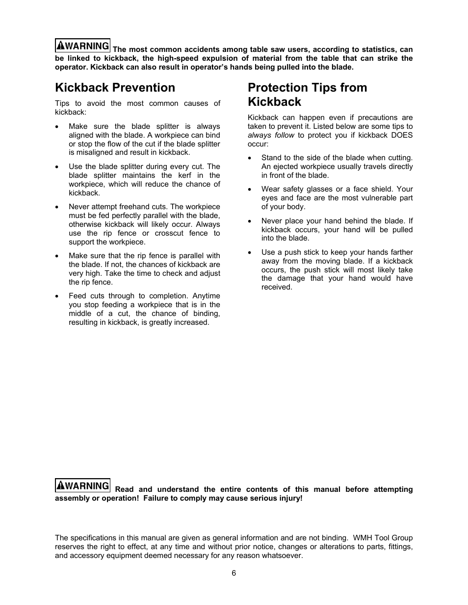 Kickback prevention, Protection tips from kickback | Jet Tools 708315BTA User Manual | Page 6 / 84