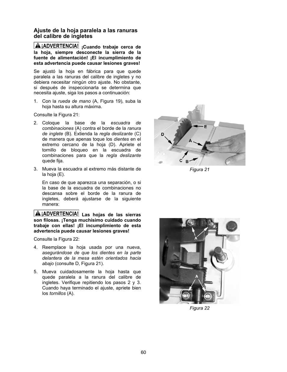 Ajuste de la hoja paralela a las ranuras | Jet Tools 708315BTA User Manual | Page 60 / 84