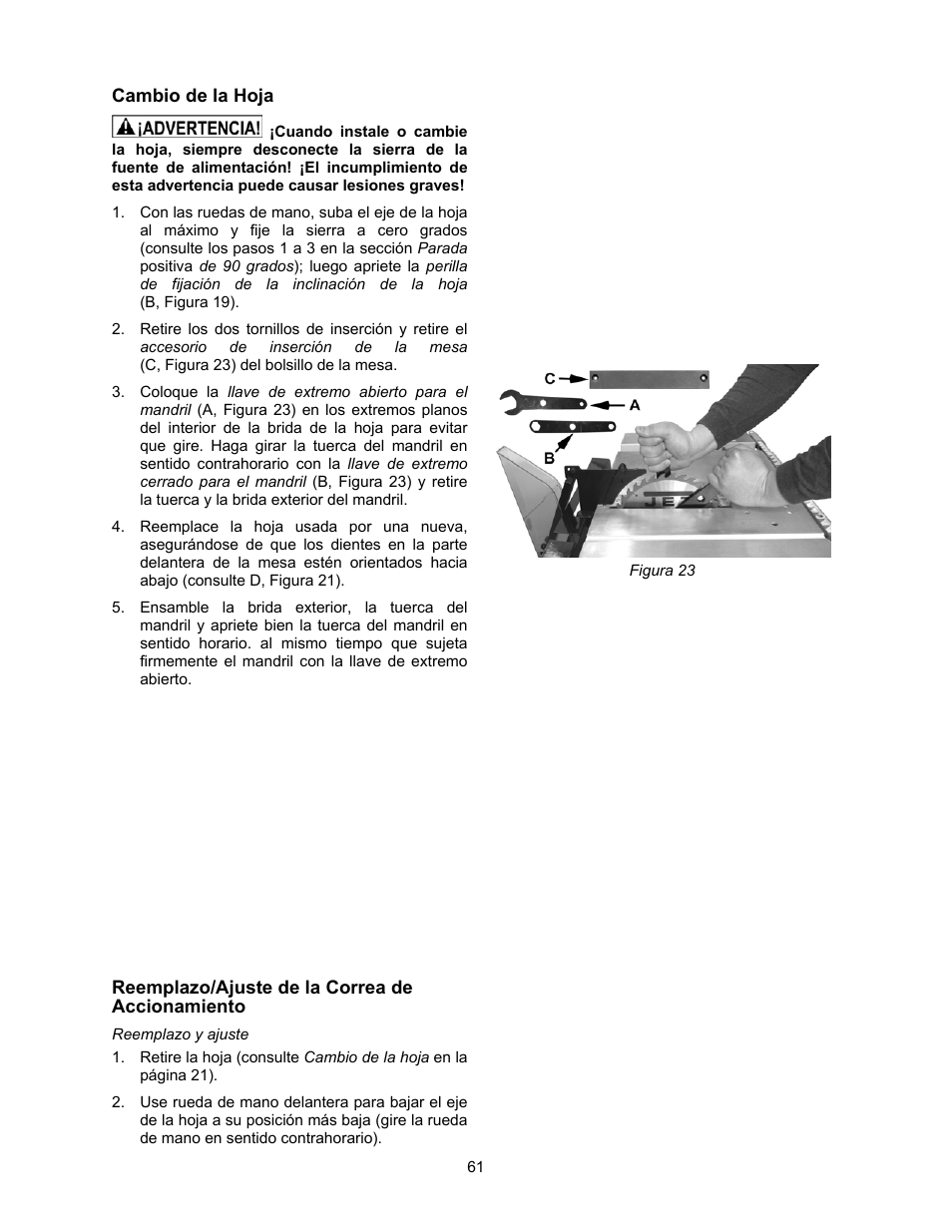 Cambio de la hoja, Reemplazo/ajuste de la correa de accionamiento | Jet Tools 708315BTA User Manual | Page 61 / 84