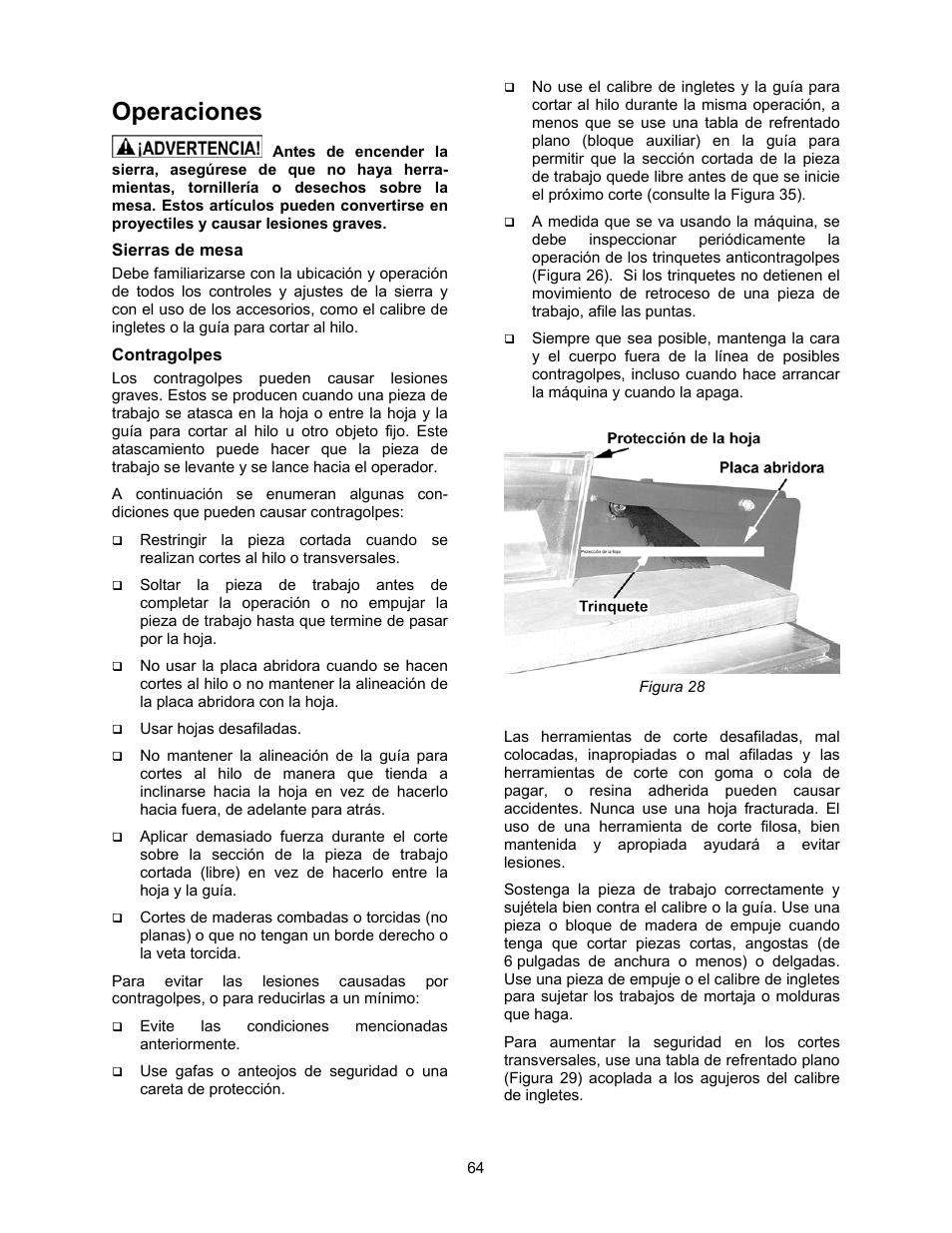 Operaciones, Sierras de mesa, Contragolpes | Jet Tools 708315BTA User Manual | Page 64 / 84