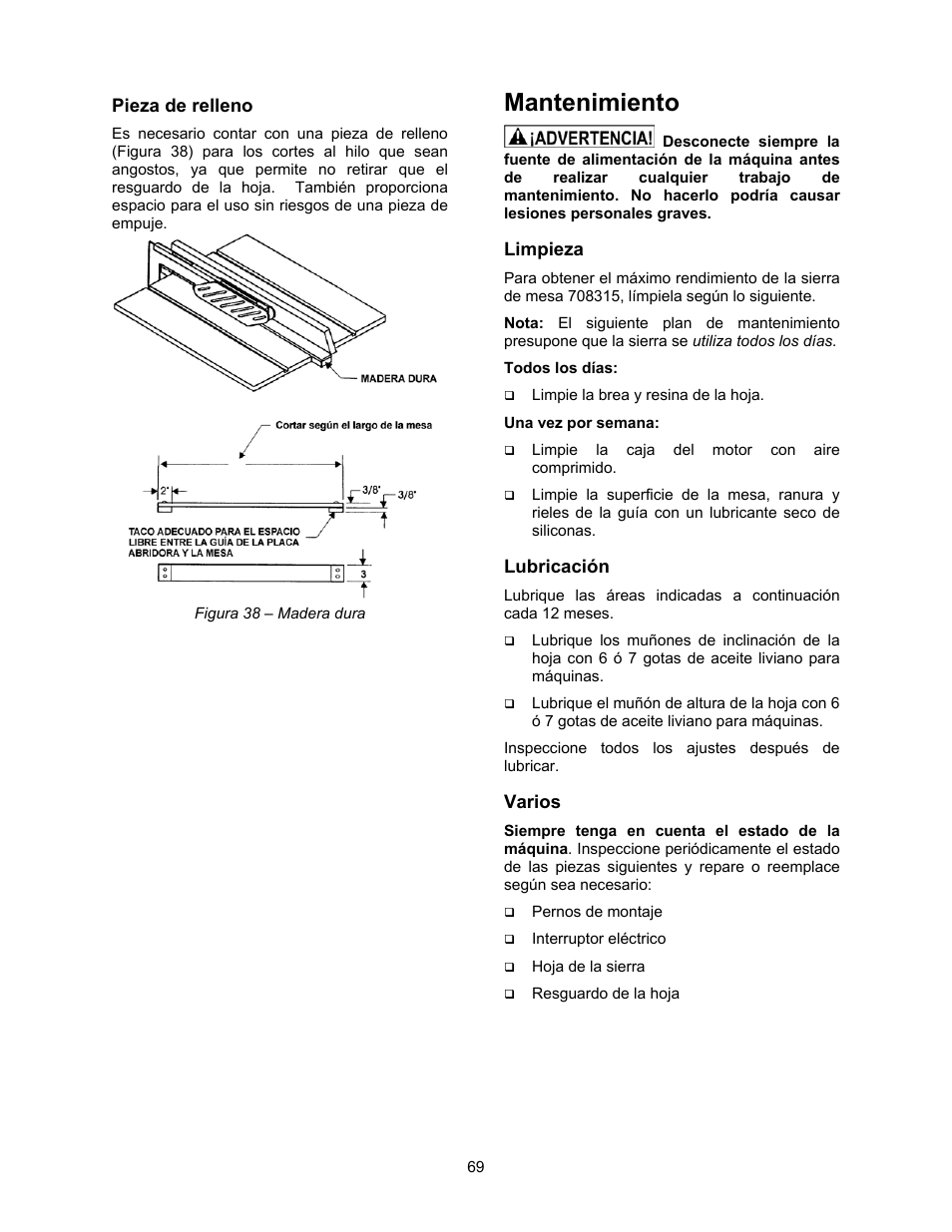 Pieza de relleno, Mantenimient, Limpieza | Lubricación, Varios, Mantenimiento | Jet Tools 708315BTA User Manual | Page 69 / 84