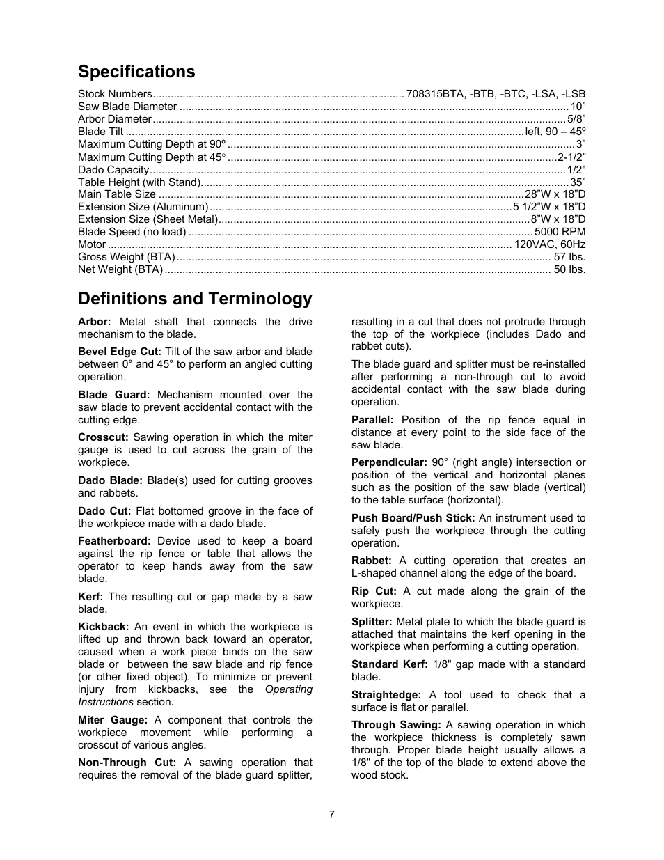 Specifications, Definitions and terminology | Jet Tools 708315BTA User Manual | Page 7 / 84