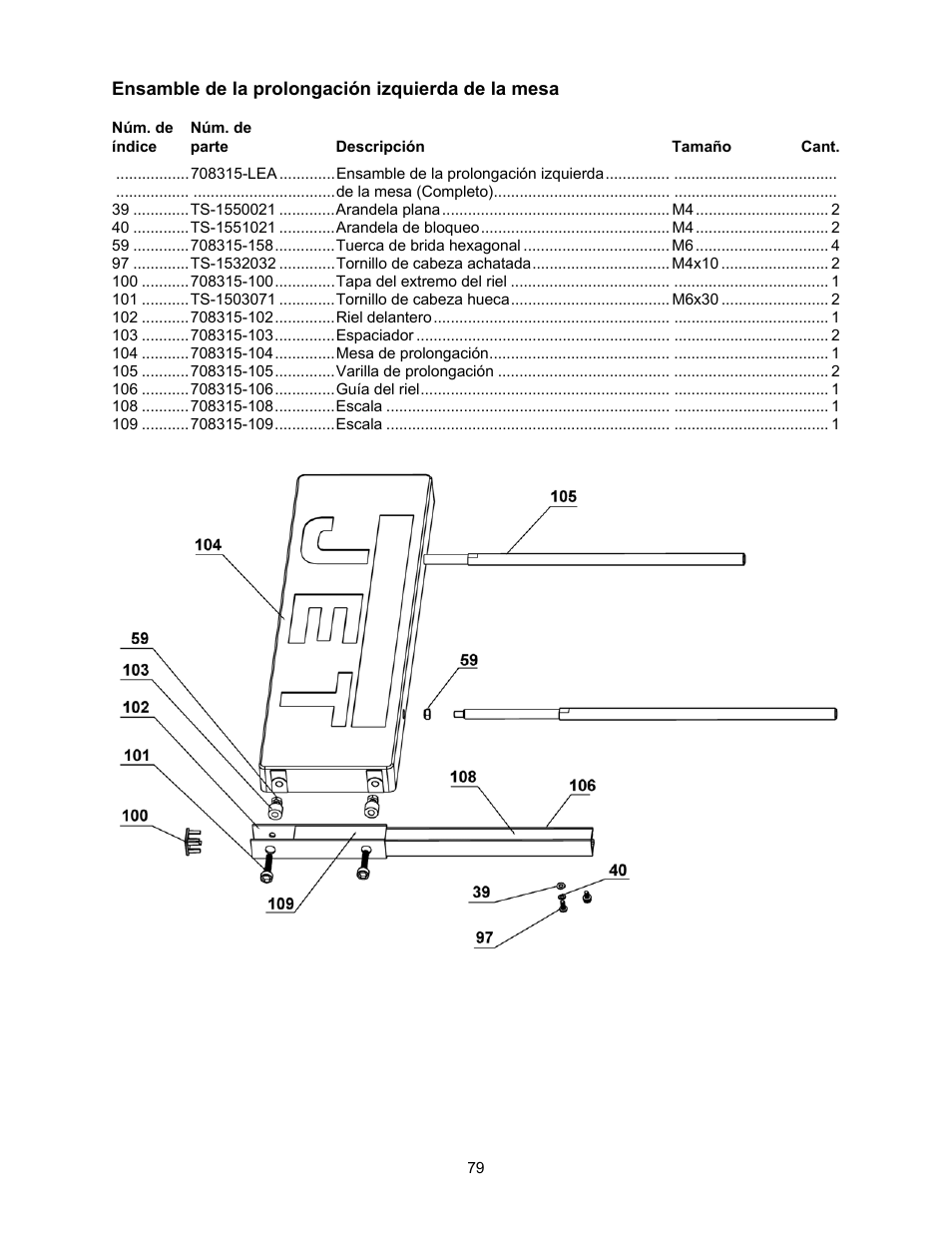 Ensamble de la prolongación izquierda de la mesa | Jet Tools 708315BTA User Manual | Page 79 / 84
