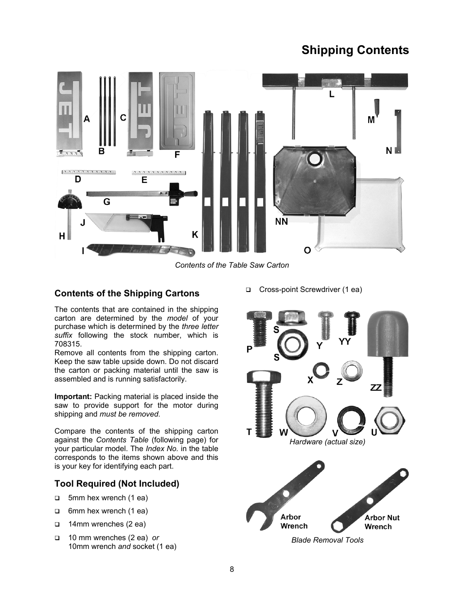 Shipping contents, Contents of the shipping cartons, Tool required (not included) | Jet Tools 708315BTA User Manual | Page 8 / 84