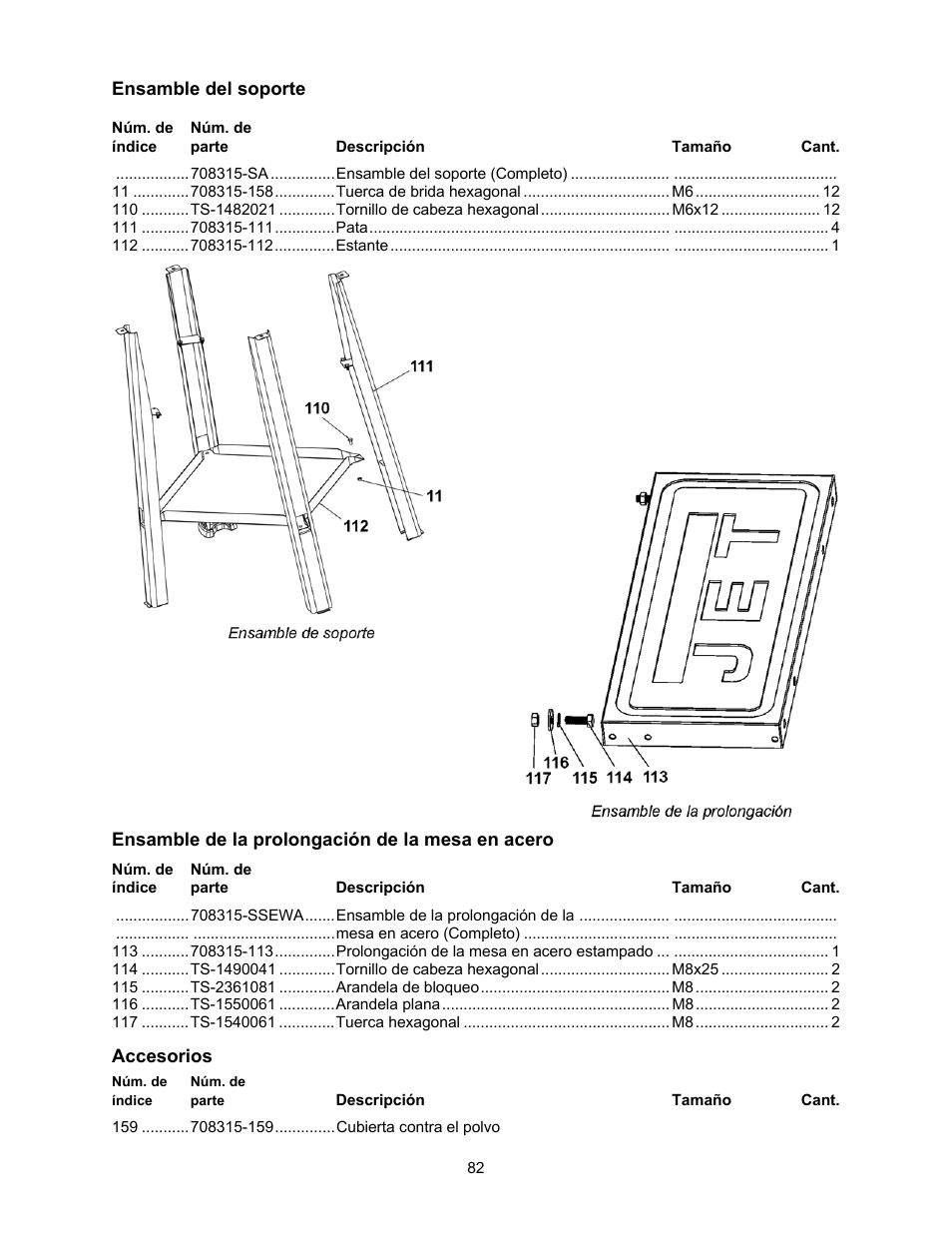 Ensamble del soporte, Ensamble de la prolongación de la mesa en acero | Jet Tools 708315BTA User Manual | Page 82 / 84