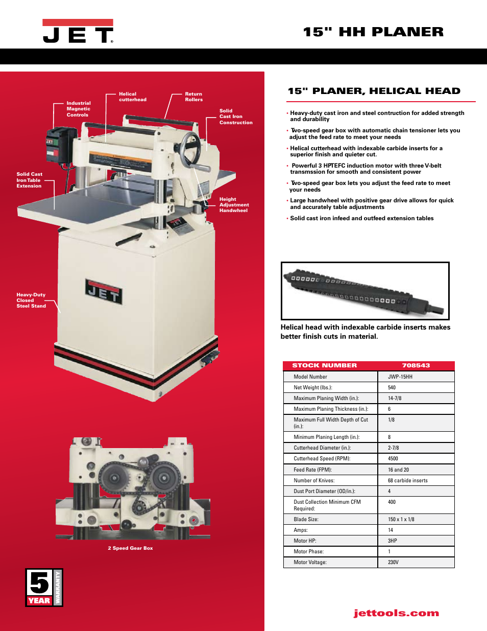 15" hh planer, 15" planer, helical head | Jet Tools JWP-15HH User Manual | Page 2 / 2