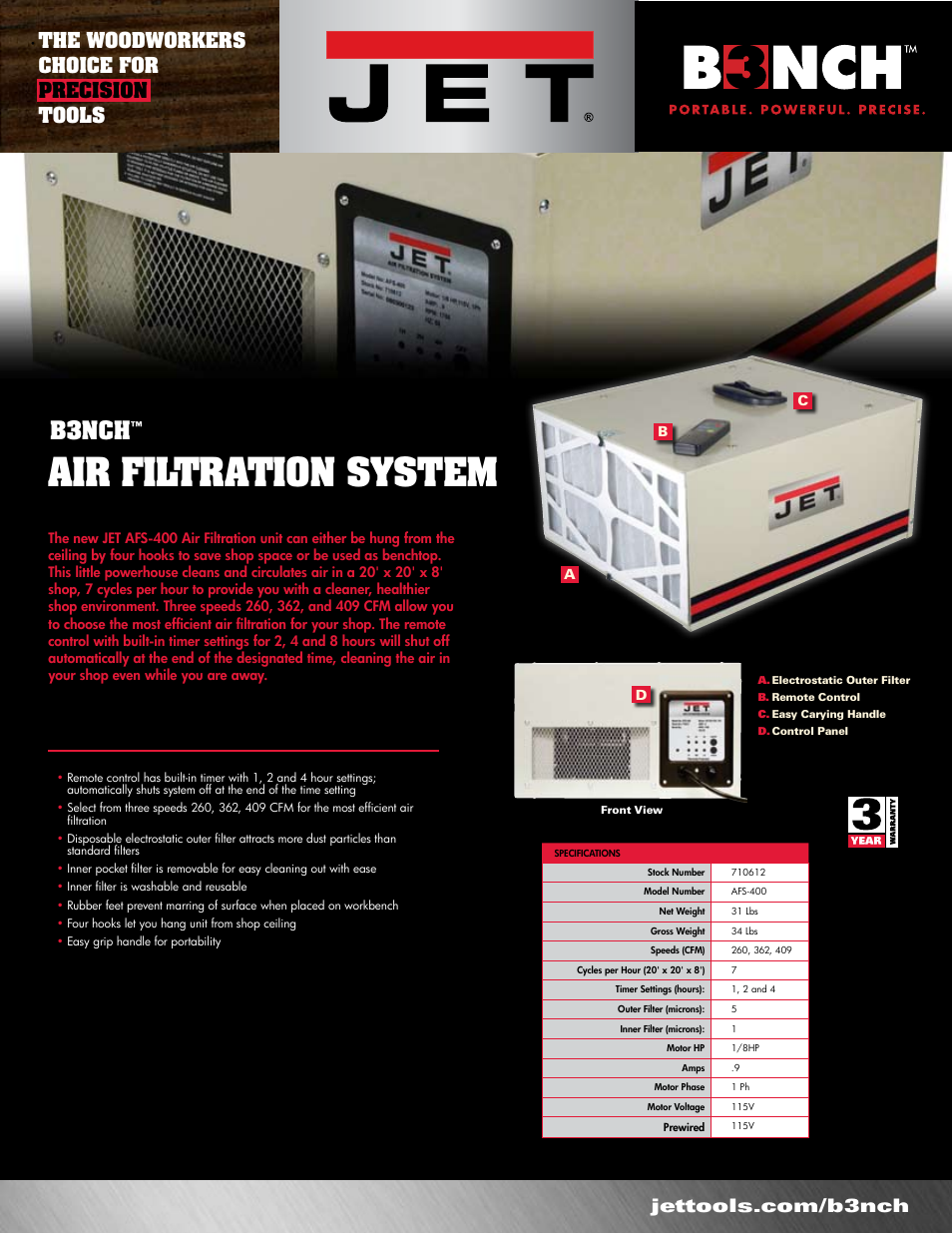 Jet Tools Air Filtration System AFS-400 User Manual | 1 page