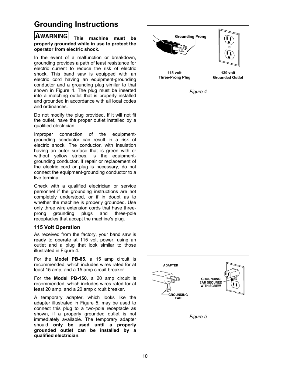 Grounding instructions | Jet Tools PB-150 User Manual | Page 10 / 28