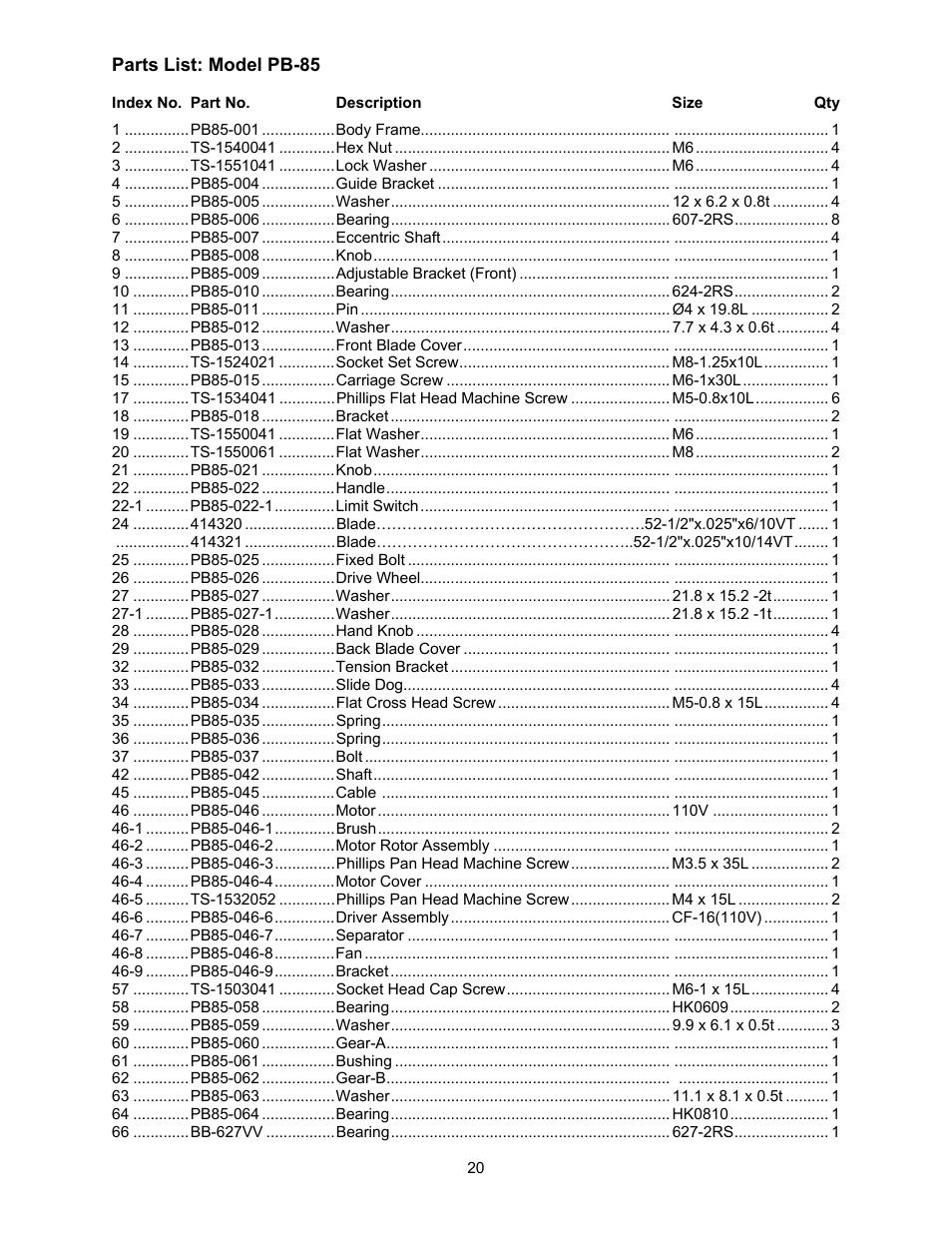 Jet Tools PB-150 User Manual | Page 20 / 28