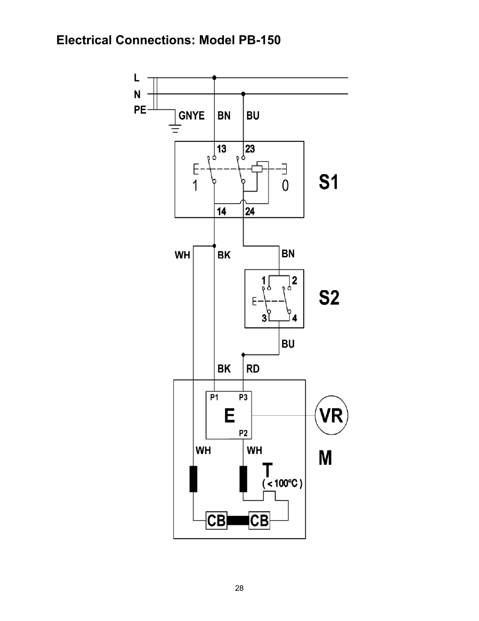 Electrical connections: model pb-150 | Jet Tools PB-150 User Manual | Page 28 / 28