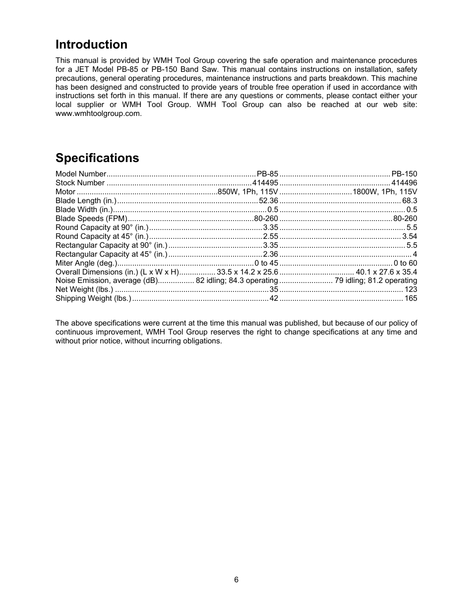 Introduction, Specifications | Jet Tools PB-150 User Manual | Page 6 / 28