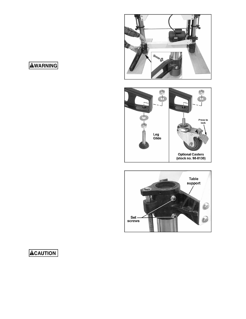 Assembly, Install stand legs, Table support screws | Jet Tools 22-44 Pro User Manual | Page 9 / 44